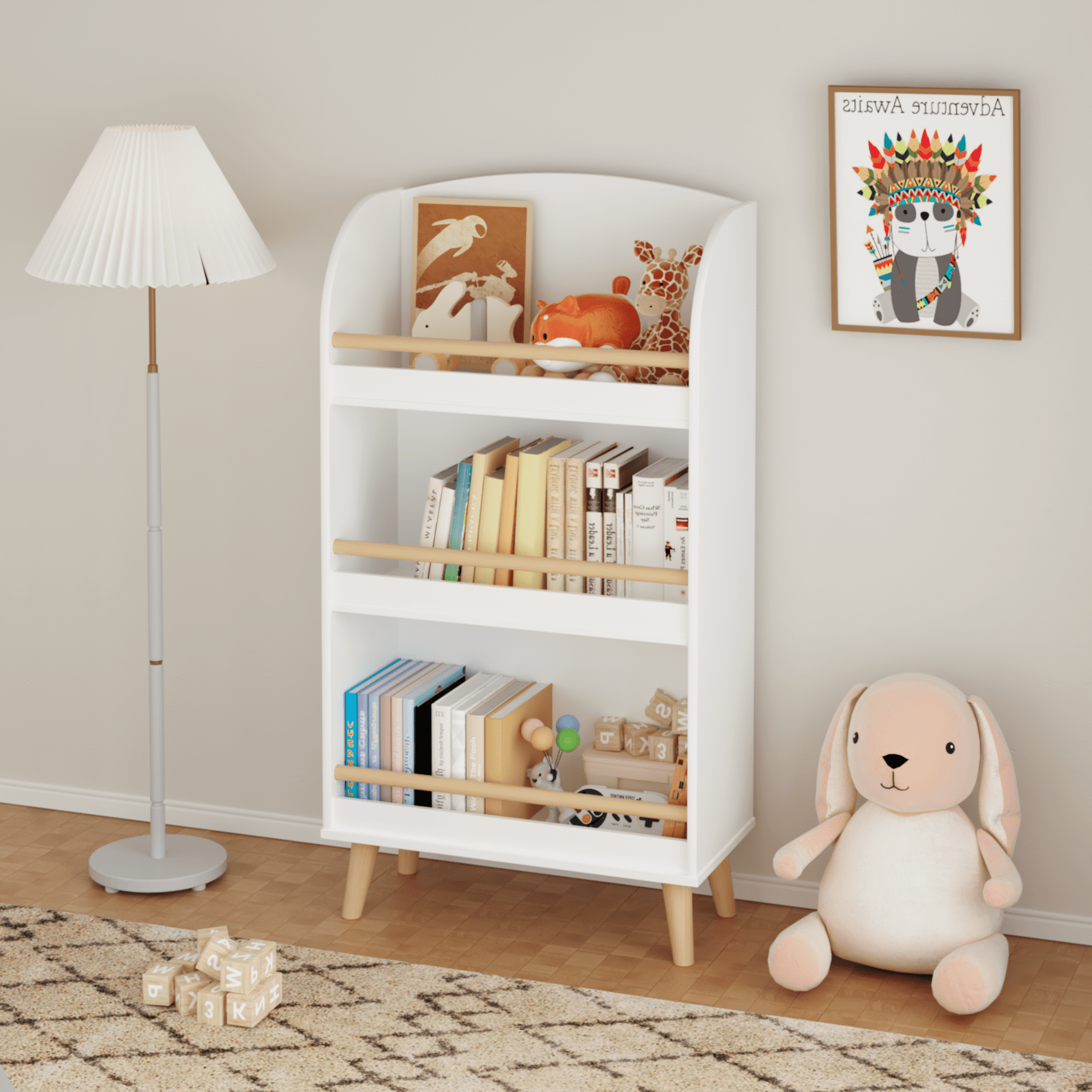 3-Tier Kids Bookshelf - White Bookcase & Toy Storage Organizer for Nursery, Playroom, MDF with Wood Legs, 19.68" W x 9.44" D x 37.4" H