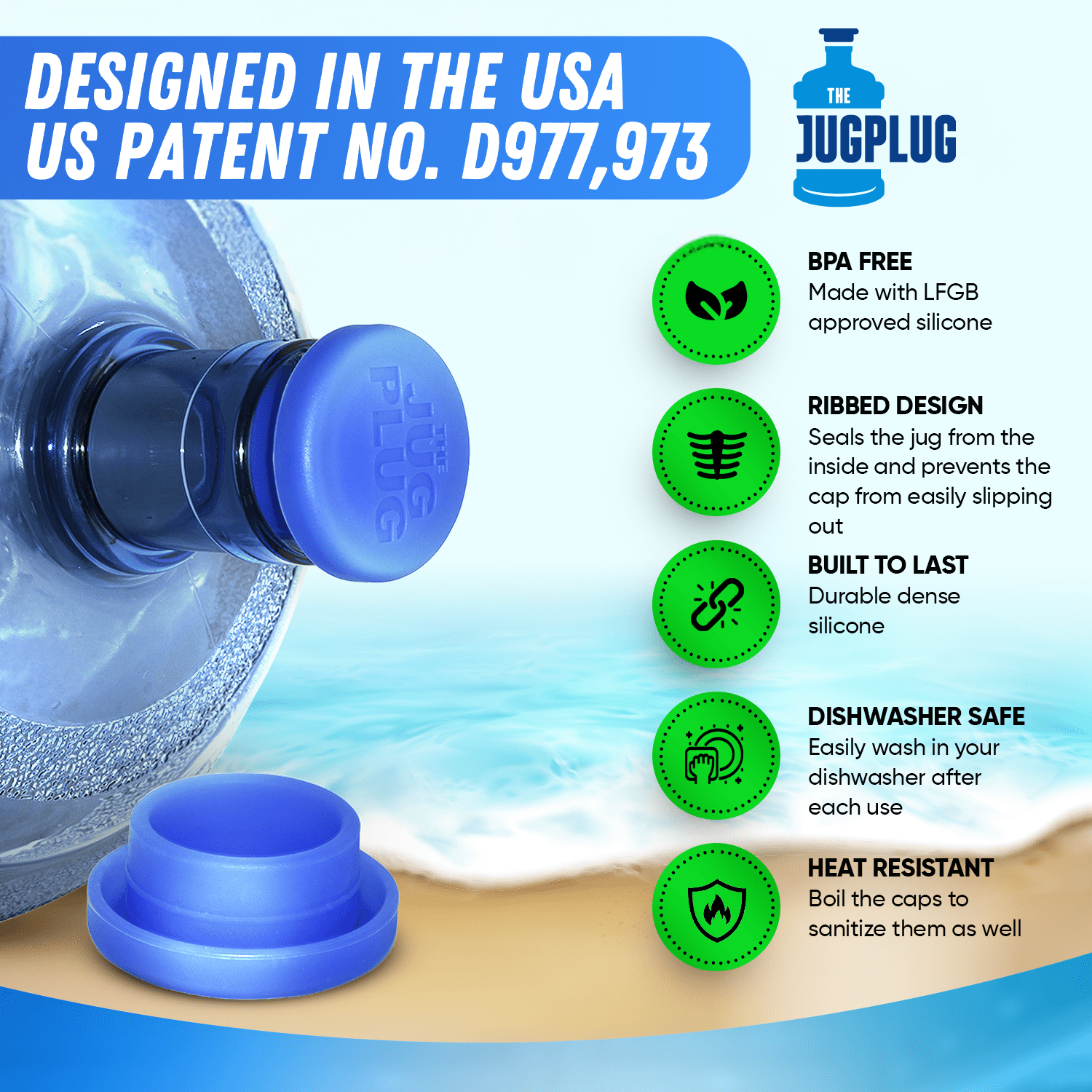 The Jug Plug - 5 Gallon Water Jug Reusable Replacement Cap - Silicone No Spill Top Lid Cover fits 55mm Bottles - Pack of 3