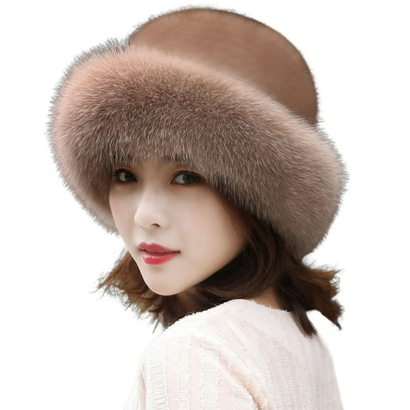 Kripyery Plush Brim Warm Fisherman Cap Solid Soft Thickened Faux Mink Fur Basin Hat for Daily Life