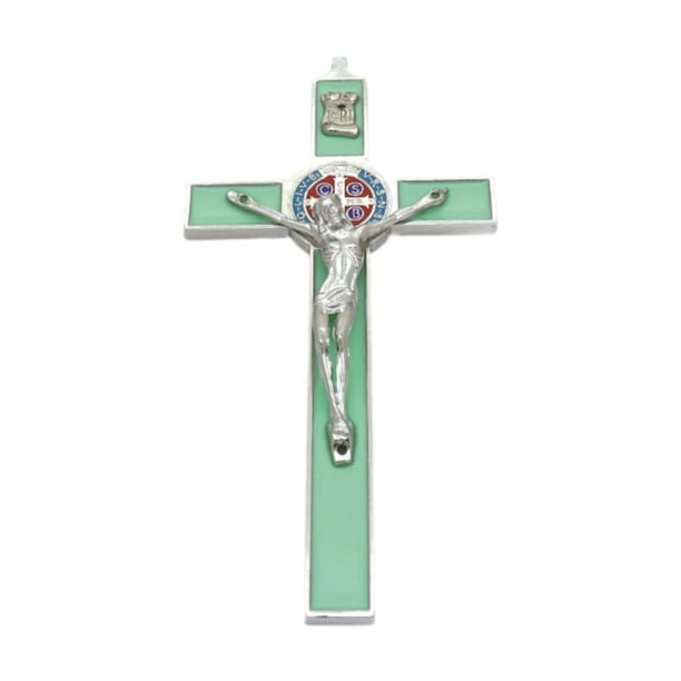 Figura de crucifijo de aleación de zinc resistente, estatua decorativa de pared, cruz de metal, arte de pared Color acero verde