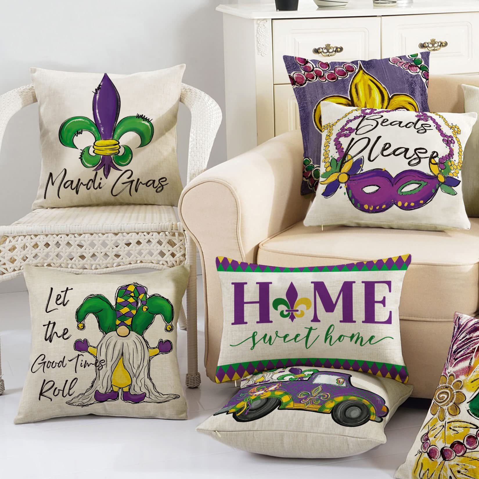 Mardi Gras Throw Pillows 18x18” Cushion Decoration Mask Set of 2