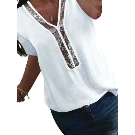 - Plus Size Women's T-Shirt Summer Tops sequined V-neck Short Sleeve Loose Chiffon Shirt Blouse S-5XL
