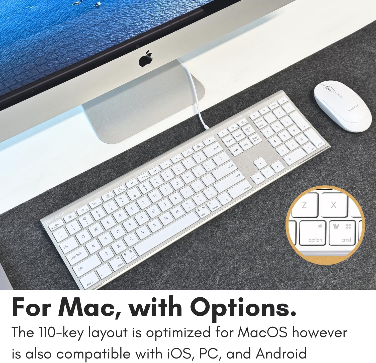 Macally USB C Keyboard (Upgraded) - Dual USB A + C Plug - Wired Keyboard for Mac - Ultra Slim, 20 Shortcuts, 110 Scissor Keys