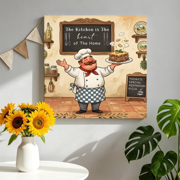 Retro Cartoon Chef Canvas Wall Art Framed Wall Decor for Living Room Bedroom Bathroom, Vintage Classic Food Farmhouse Rustic Kitchen Canvas Pictures Ready to Hang Decor, 12"x12"