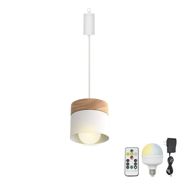 FSLiving Rechargeable Battery Operated Pendant Light with Sleeve&Round Hook RGB Mode Adjustable Wire Length Hanging Light Columnar Metal White Shade Dimmable Lamp for Courtyard Nightstand - 1 Light