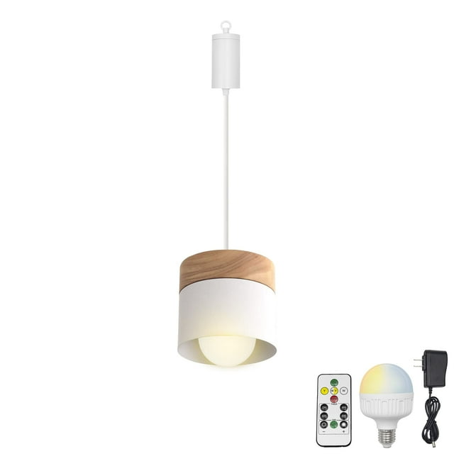 FSLiving Rechargeable Battery Operated Pendant Light with Sleeve&Round Hook RGB Mode Adjustable Wire Length Hanging Light Columnar Metal White Shade Dimmable Lamp for Courtyard Nightstand - 1 Light