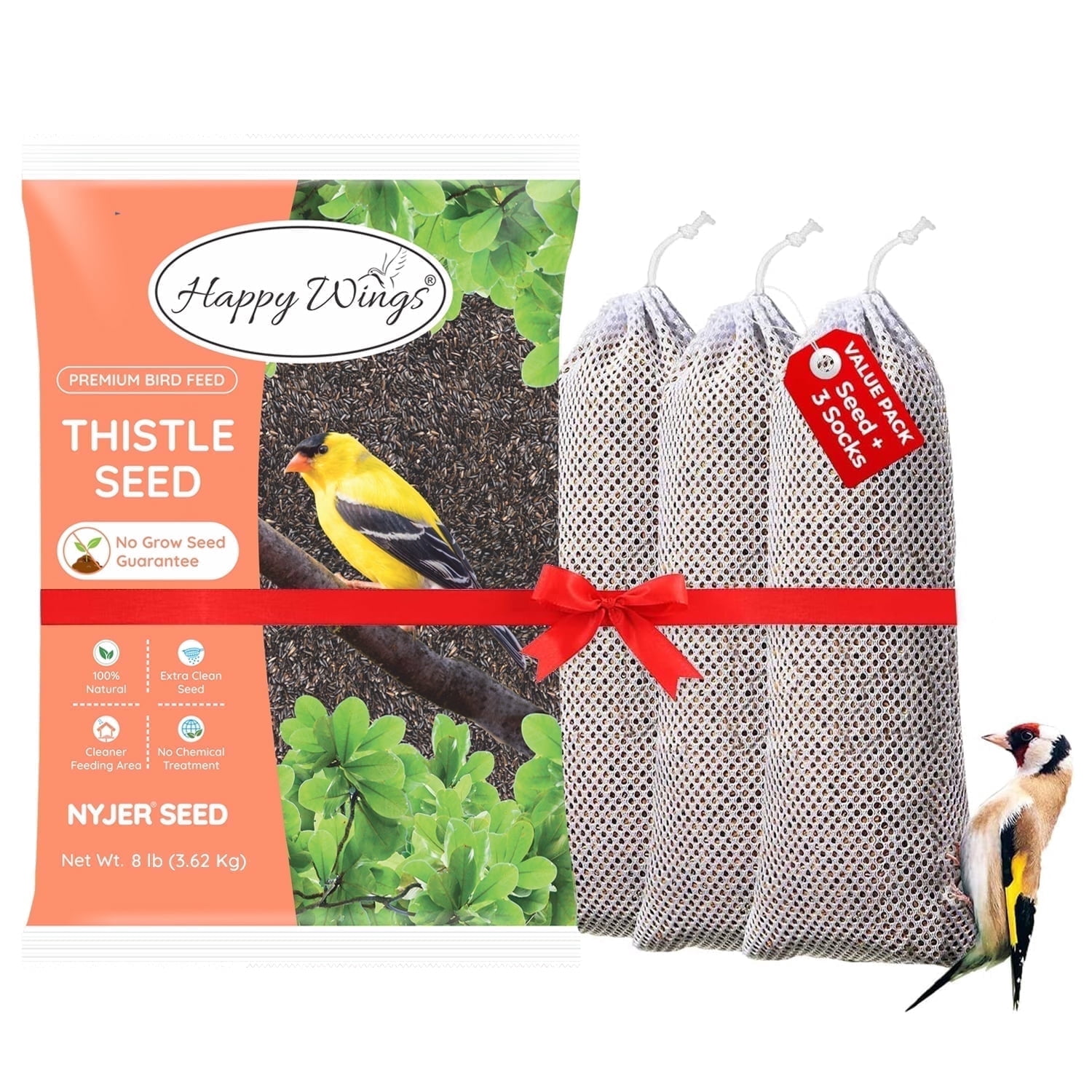 (2 pack) Happy Wings 8lbs No Grow Nyjer Seed Bird Food & 3 Empty Sock Feeders for Wild Bird Seed - Dry
