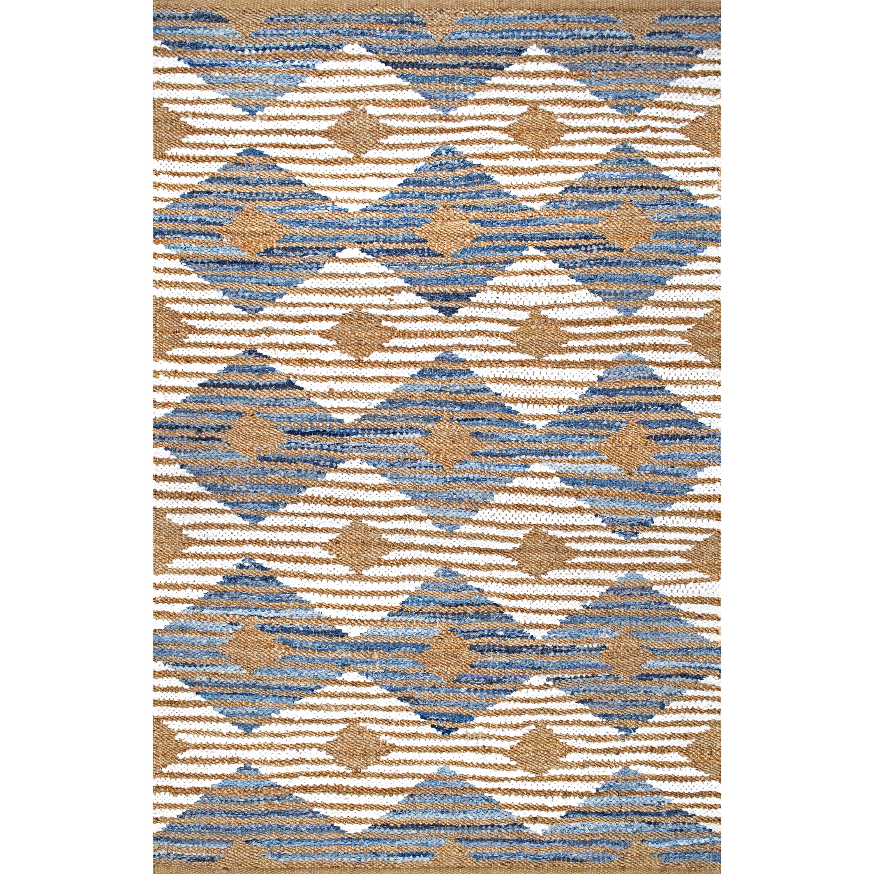 nuLOOM Hand Braided Marla Denim And Jute Diamonds Area Rug, 12' x 15', Off White