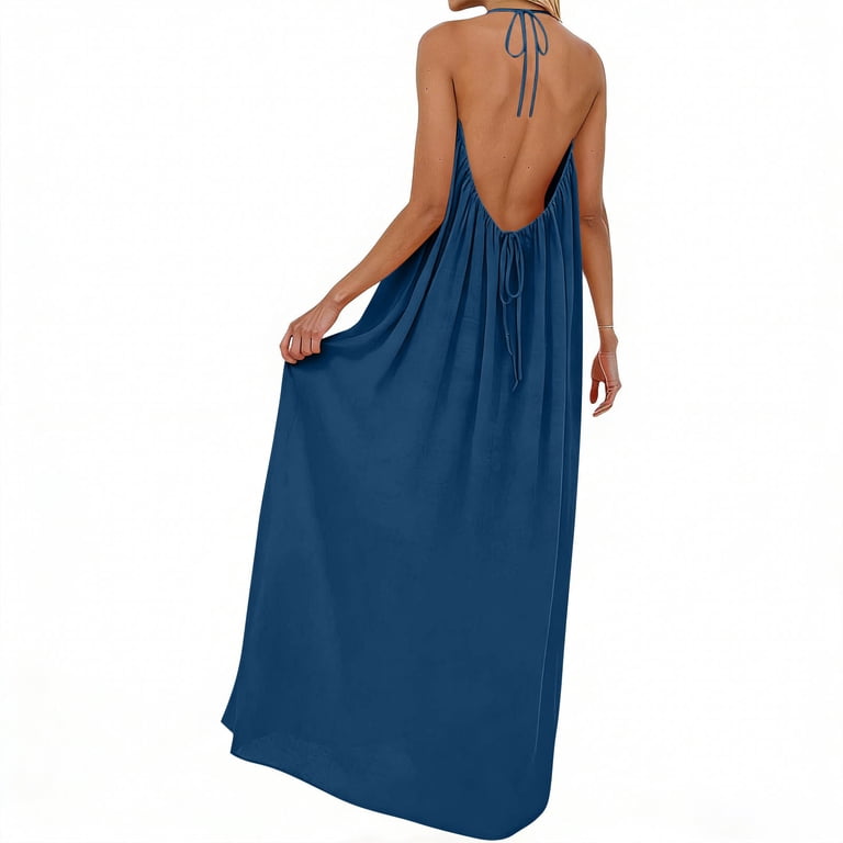 Xdegoge Women's Sleeveless Backless Drawstring Maxi Dress Long Flowing Silhouette Lightweight Linen-Style Summer Beach Vacation Sundress