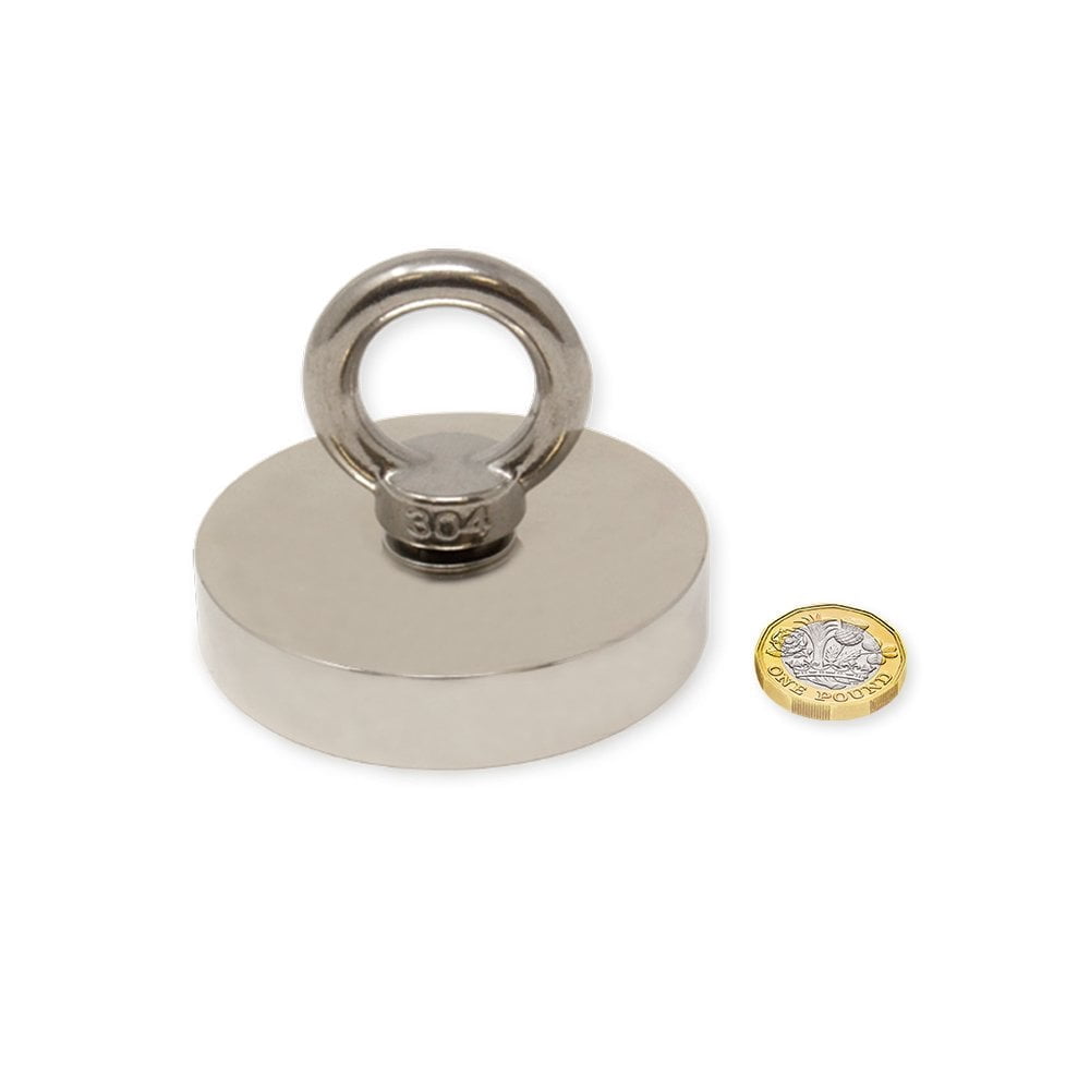 N42 Neodymium Pot Magnet with M10 Eyebolt - 75mm dia x 15mm - 441lbs Pull (Pack of 1)