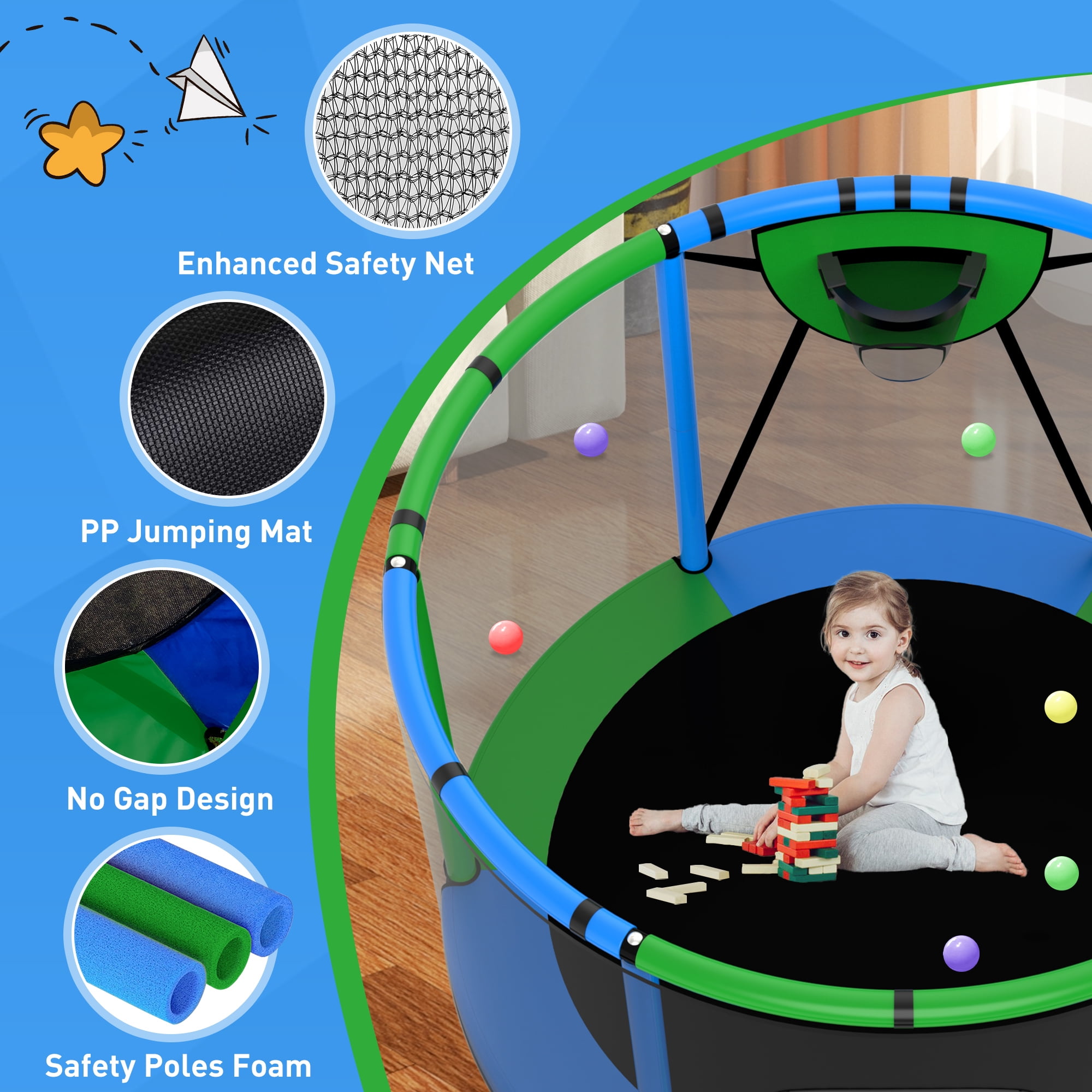 CITYLE 600LBS Trampoline for Toddlers 5.5FT 66'' Indoor Mini Trampoline for Kids with Enclosure, Basketball Hoop, Swing, Adjustable Bar, Small Toddler Trampoline Gifts for Boys & Girls