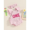 thumbnail image 3 of CIYCuIT 6M 12M 18M Baby Girls One Birthday Romper Ruffle Sleeveless Letter Embroidery Jumpsuit Infant Cute Backless Summer Bodysuit with Headband, 3 of 9