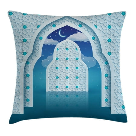 - Moroccan Throw Pillow Cushion Cover, Arabic Quote Textured Mosque Arch Door with Cloudy Star Sky Night Backdrop Print, Decorative Square Accent Pillow Case, 16 X 16 Inches, Navy Blue, by Ambesonne