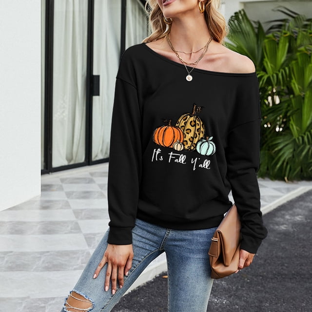 WREESH T-Shirt à Manches Longues pour Femmes, Mode Décontractée, Imprimé d'Halloween, Col en Biais