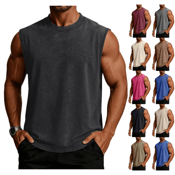 LRGSHF Sleeveless Shirts for Men Athletic Tank Top Summer Loose Crew Neck Lightweight Cotton Tees Athletic Gym Acid Wash Muscle T-Shirt