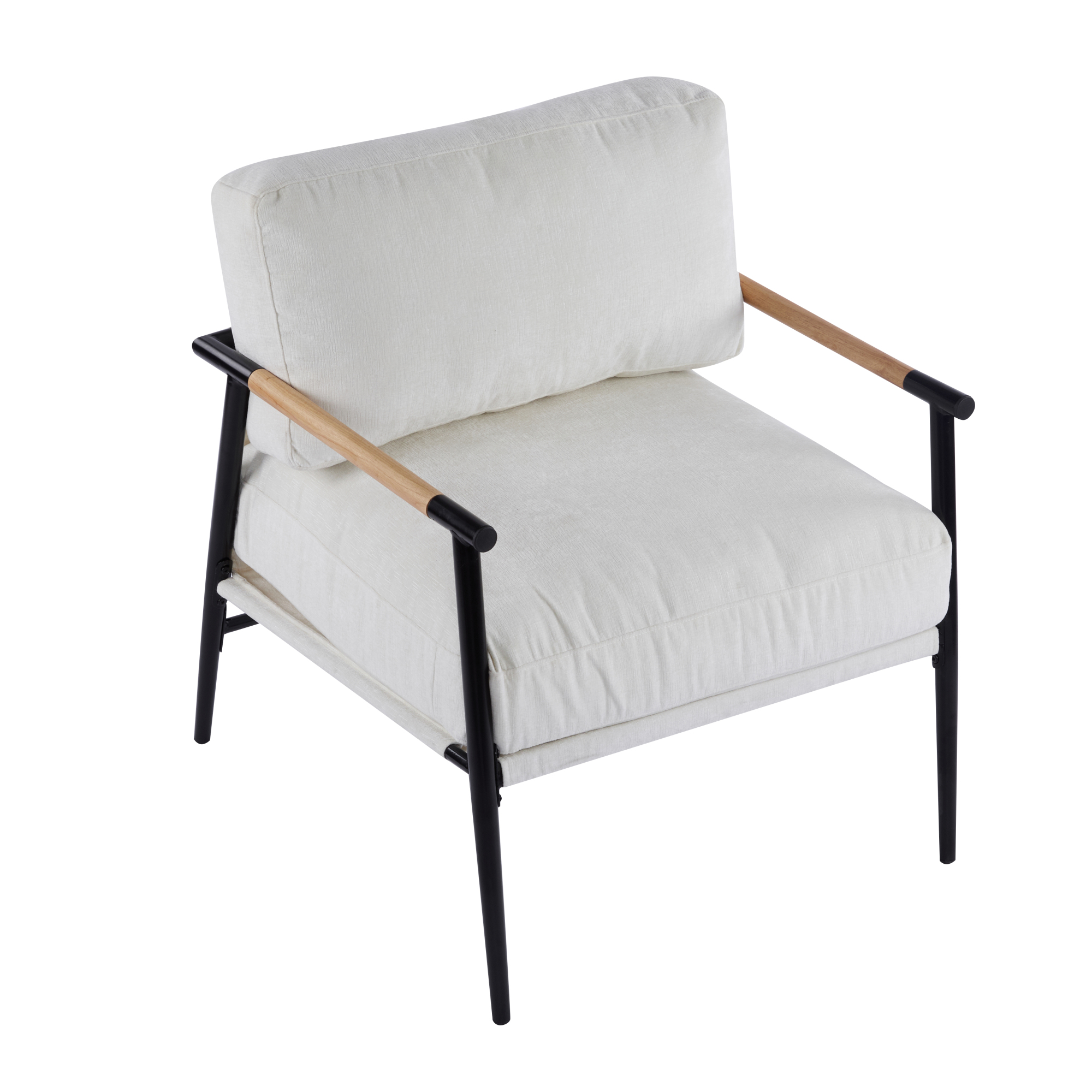 Leumius Modern Accent Chair with Plush Cushions, Minimalist Metal Frame and Wooden Armrest Design for Living Room Bedroom Office Beige
