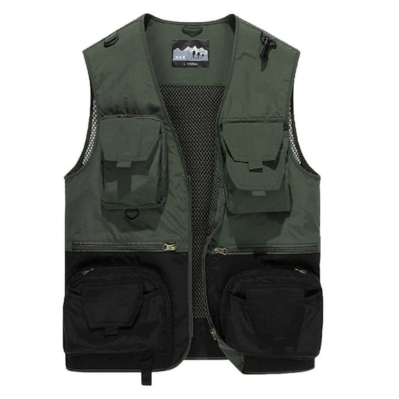 IYTR Men's Waistcoat Multi Pocket Outdoor Fishing Hunting Waistcoat Breathable Lightweight Camping Hiking Work Waistcoat with Zippered Pockets Army Green XL