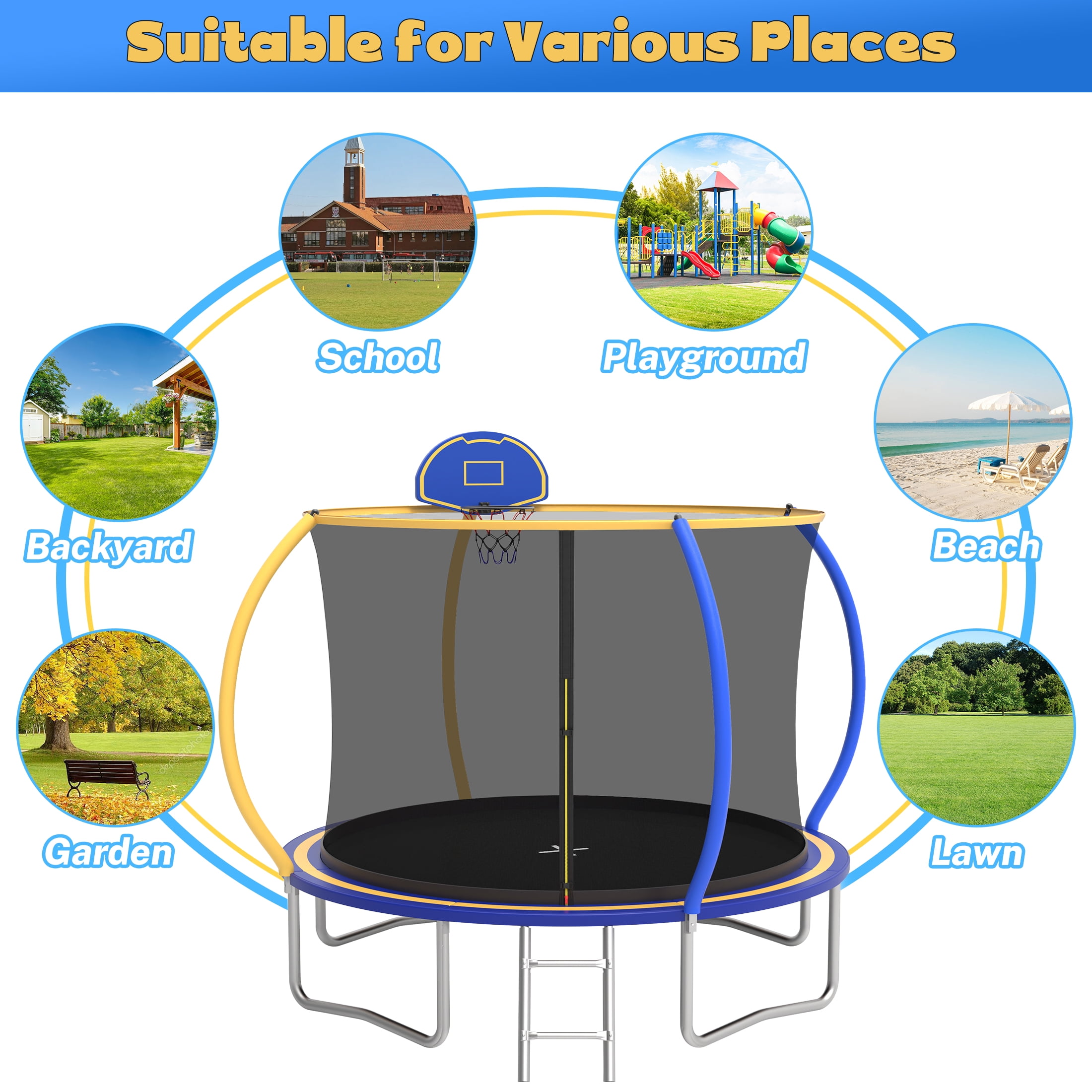 10 FT Trampoline for Kids with Basketball Hoop, SEGMART Upgraded Kids Outdoor Trampoline with Enclosure Net and Ladder, Heavy Duty Round Recreational Trampoline for Indoor Outdoor Backyard