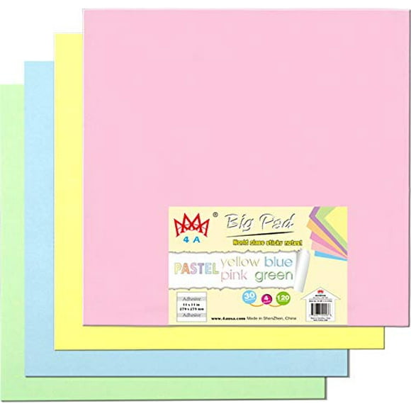 4A Grand Tapis Collant 11 x 11 Po Grande Taille Pastel Jaune Bleu Rose Vert Notes Autocollantes 30 Feuilles/tapis 4 Tapis/paquet 4A BP 1111-Px4