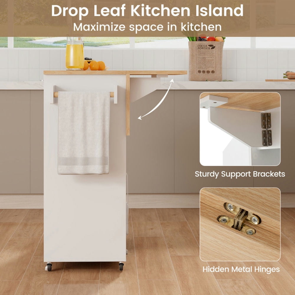 Finihen Rolling Cart, Kitchen Island Cart, Drop Leaf Mobile Kitchen Island Cart with Power Outlet and Adjustable Shelf, for Kitchen, Dining Room, White Finihen Rolling Cart, Kitchen Island Cart, Drop Leaf Mobile Kitchen Island Cart with Power Outlet and Adjustable Shelf, for Kitchen, Dining Room, White