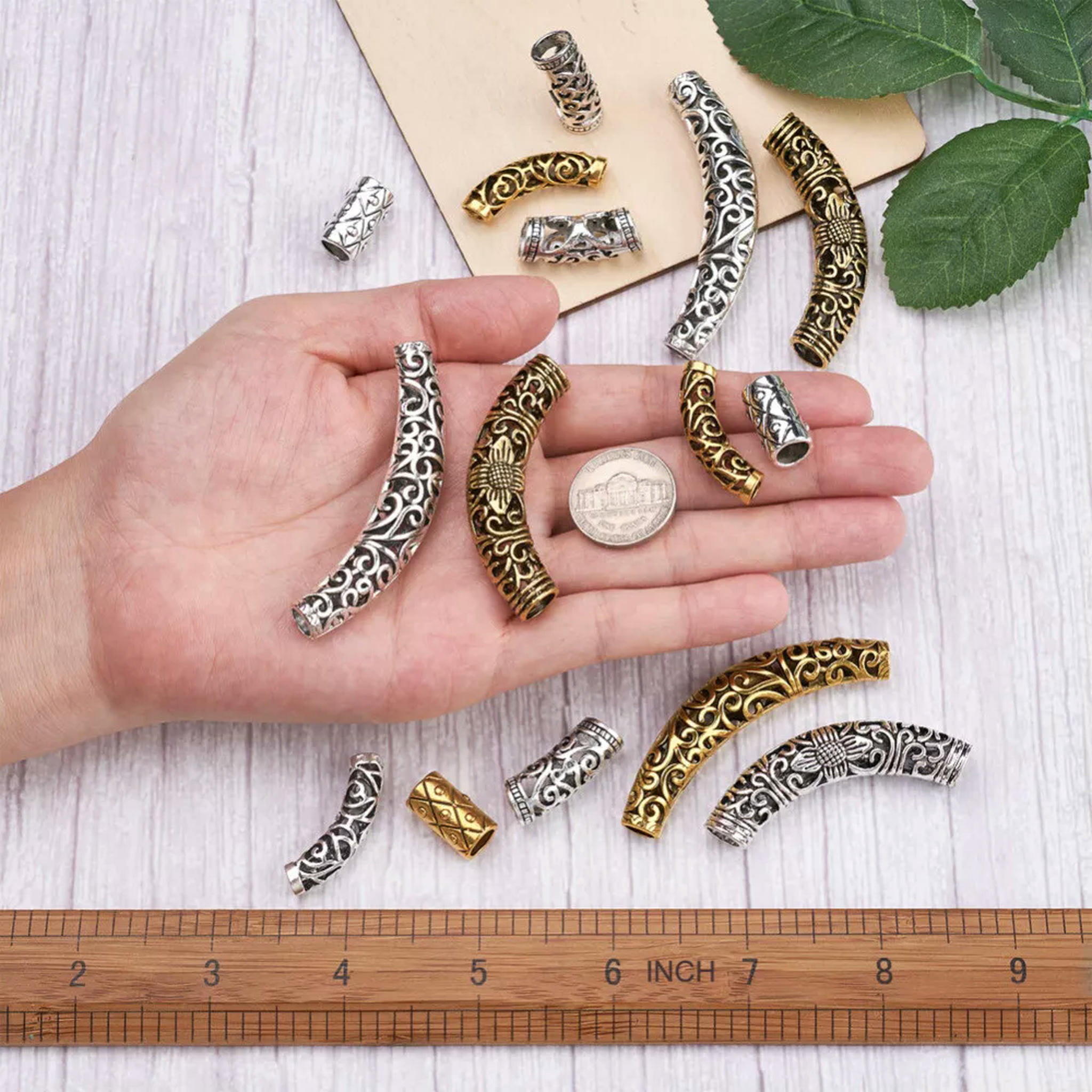 U8MO 40pc Tibetan Silver Alloy Curved Tube Beads Long Curved Tube Noodle Beads 7~64mm