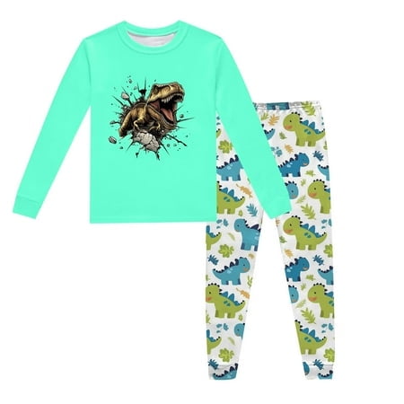 LUOGENLI Ensemble de Pyjama pour Enfants à Imprimé Dinosaure, Col Rond, Manches Longues, Haut et Pantalon Longs, Vêtements de Maison (2 9 Ans) Tenues Maxi pour Garçons Été 2025 Floral Fluide Bohème Combinaison Garçon Vert Menthe 8T