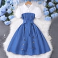 thumbnail image 6 of Girls Preppy Dresses Lapel Puff Short Sleeve Button Down Color Block Midi Dress Casual Trendy Clothes With Belt (8-9 Years, Blue), 6 of 7