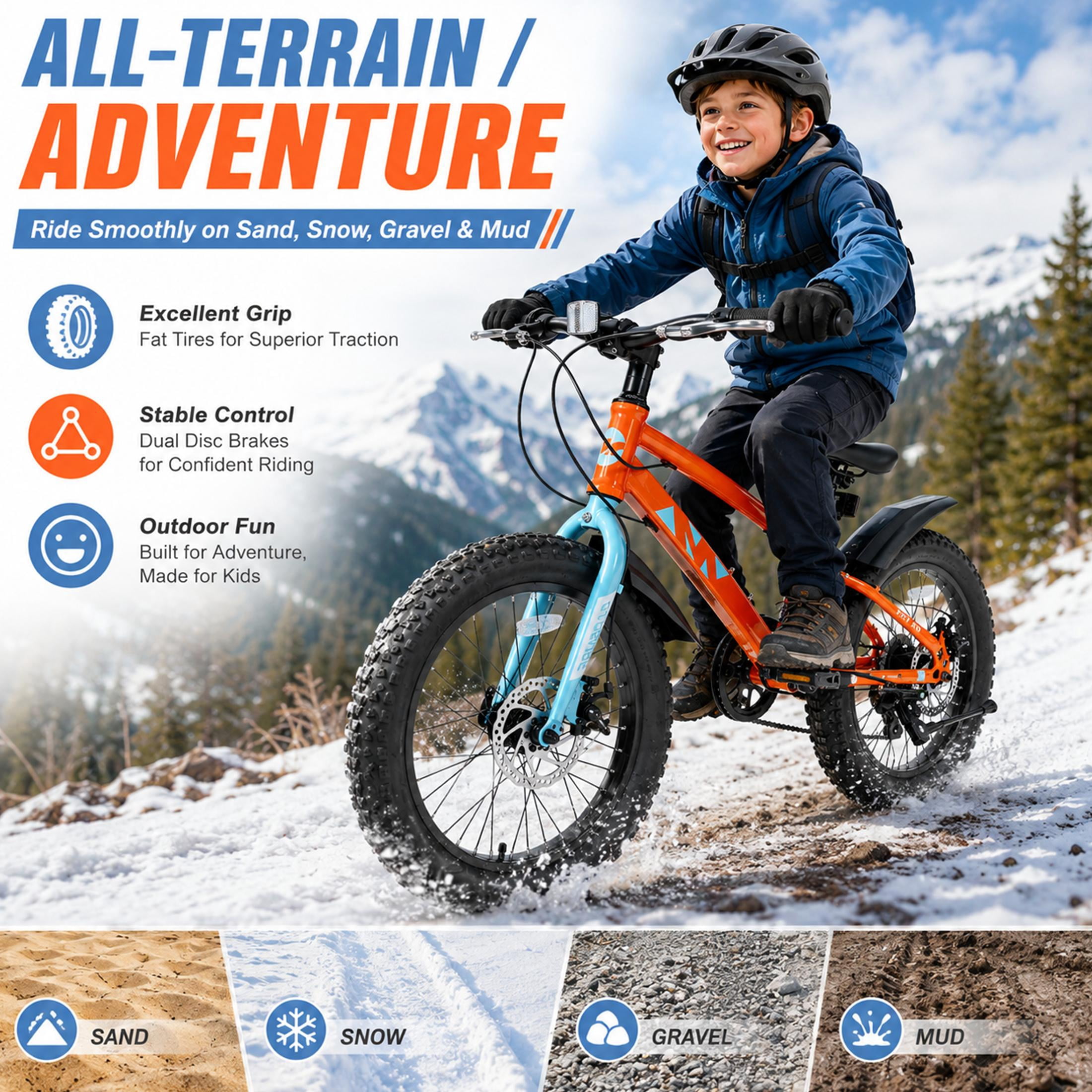 20 Inch Kids Mountain Bike with 3.0 Fat Tires, 7-Speed Drivetrain and Dual Disc Brakes, High-Carbon Steel Frame Children’s Bicycle for Boys and Girls Ages 5-12, Orange