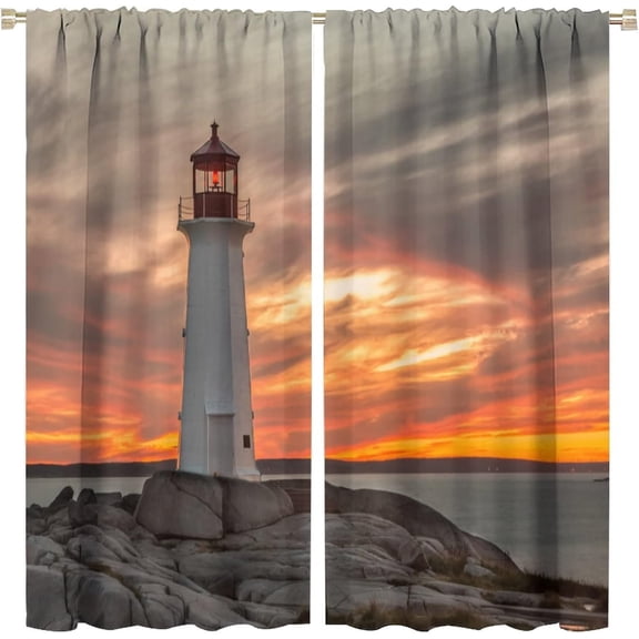 Lighthouse Blackout Curtains Sunset Seascape White Lighthouse Orange Sky Art Print for Living Room Bedroom Kitchen Decor Rod Pocket Window Drapes 2 Panels 42x54in