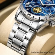 BINBOND Men's Quartz Watch, Blue Dial Stainless‑Steel 42mm Chronograph with Luminous Date
