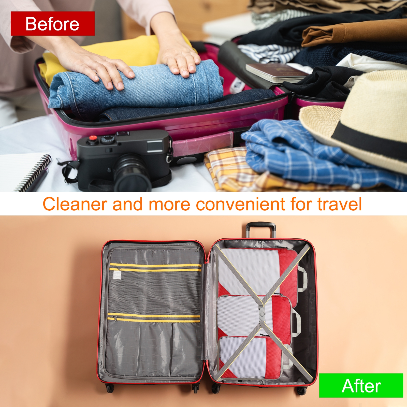 Uxcell 3pcs Compression Packing Cube for Suitcases Lightweight Travel Essentials Luggage Organizers Bags, Red