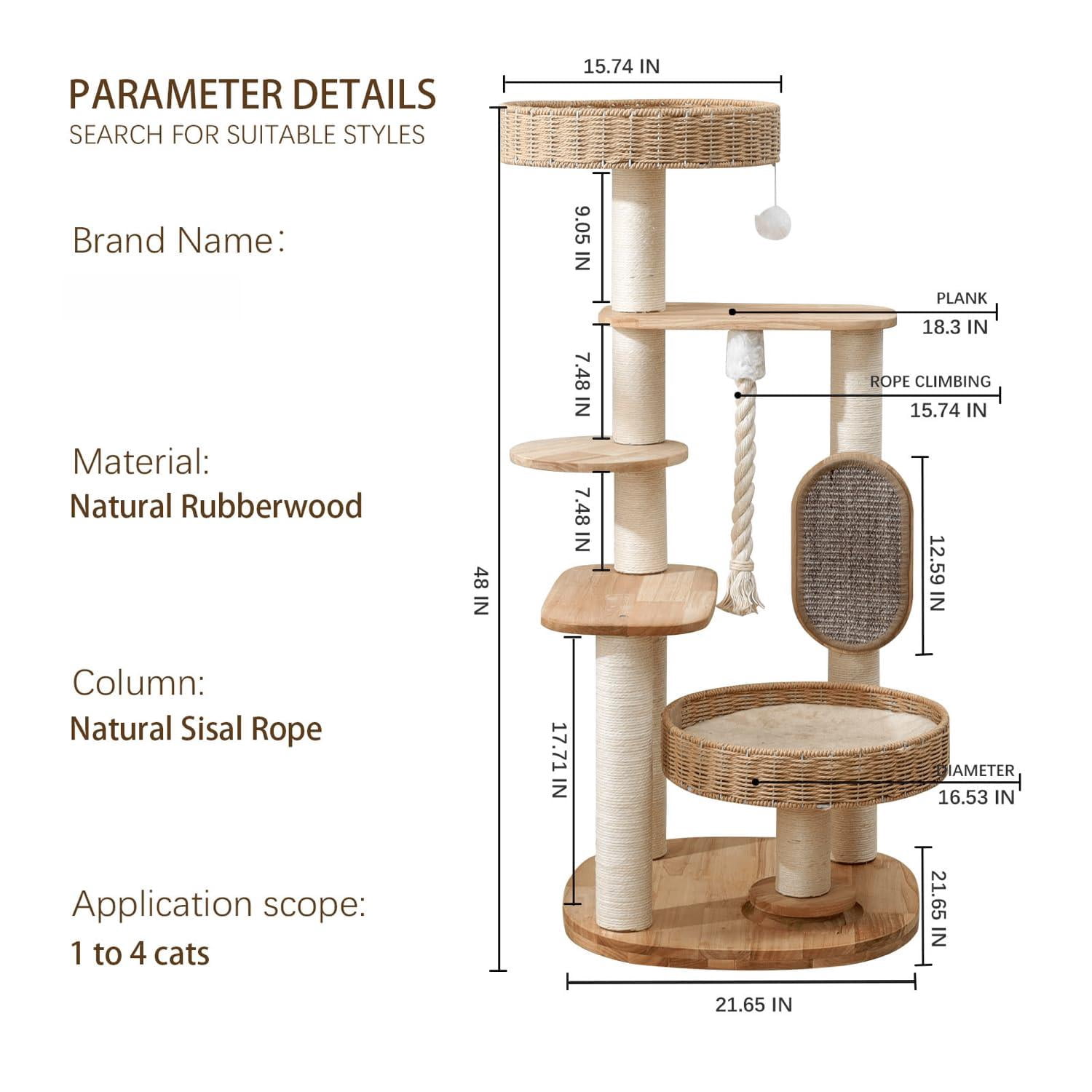 Wooden Cat Tree For Large  Tall Tower With Indoor Cats Multi-level Condo Hand-woven Bed And Board Easy To Clean (48in)