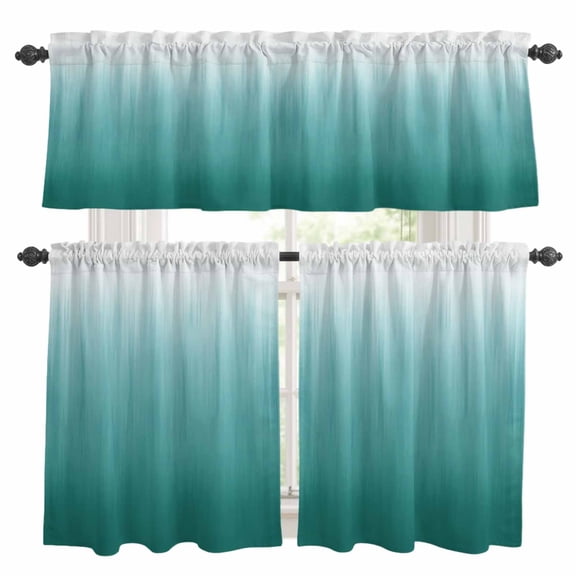 Teal Green Ombre Kitchen Curtains Sets for Windows 36 Inch Length, Contemporary Gradient Abstract Art Rod Pocket Window Treatments Tier Curtains and Valances Set for Bedroom/Bathroom