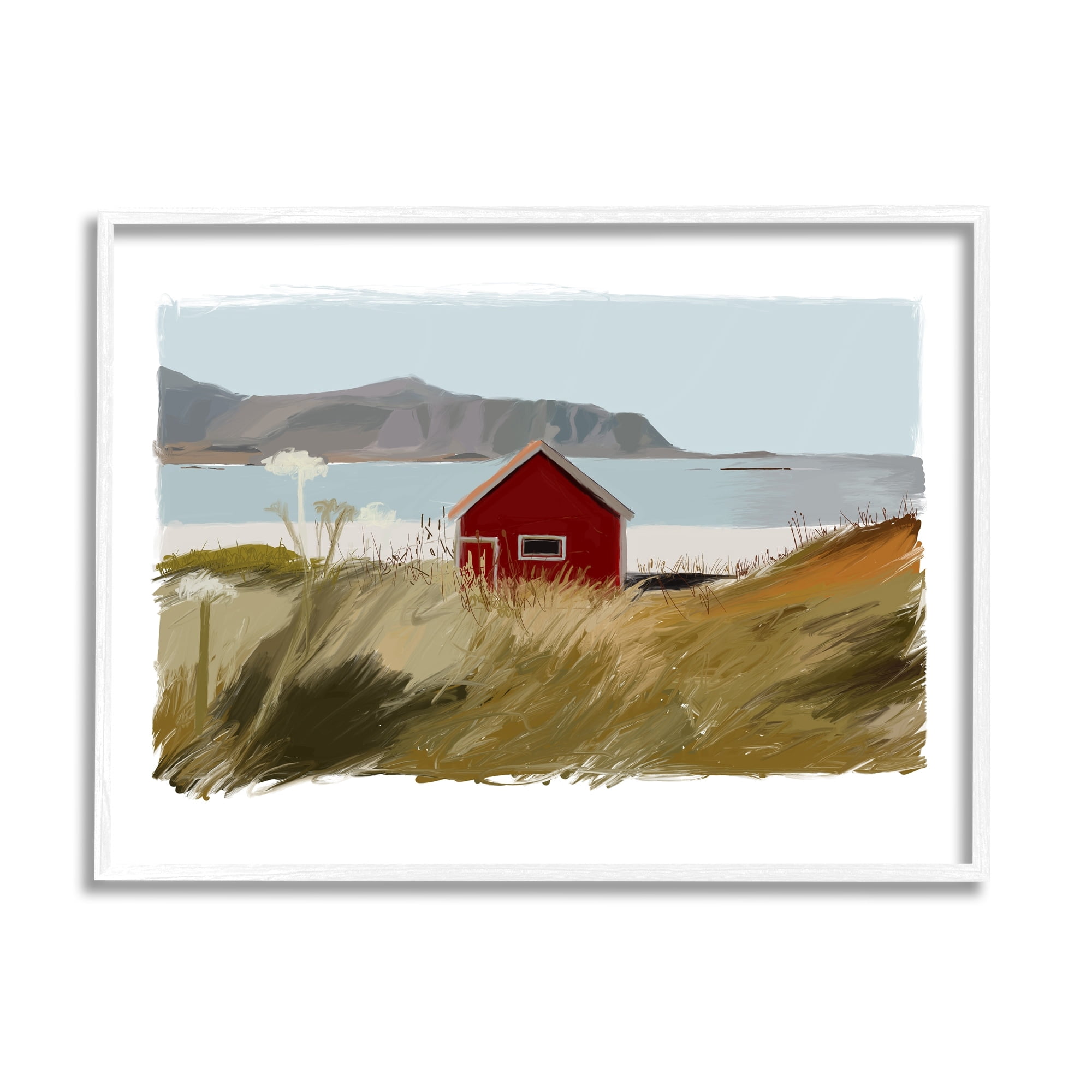 Stupell Industries Lakeside Rural Red House Distant Mountain View Painting White Framed Art Print Wall Art, Design by J. Weiss