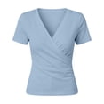 thumbnail image 6 of Summer Deep V Neck Cross Surplice Wrap Tops for Women Solid Color Casual Short Sleeve Wrap Front Drape Dolman Top Light Blue XXL, 6 of 6