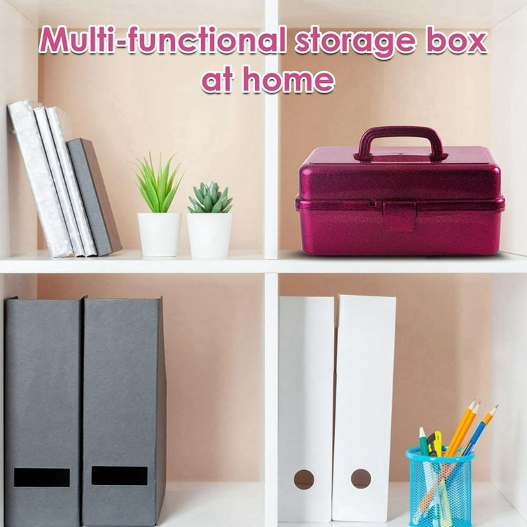 Glitter Pink & Craft Tool Storage Box,3-Layer Stackable Carry Tackle Box Sewing Organizer for Art