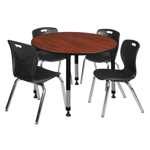 Regency 48 Round Adjustable Classroom Table- Cherry & 4 Andy 18 Stack Chairs- Black