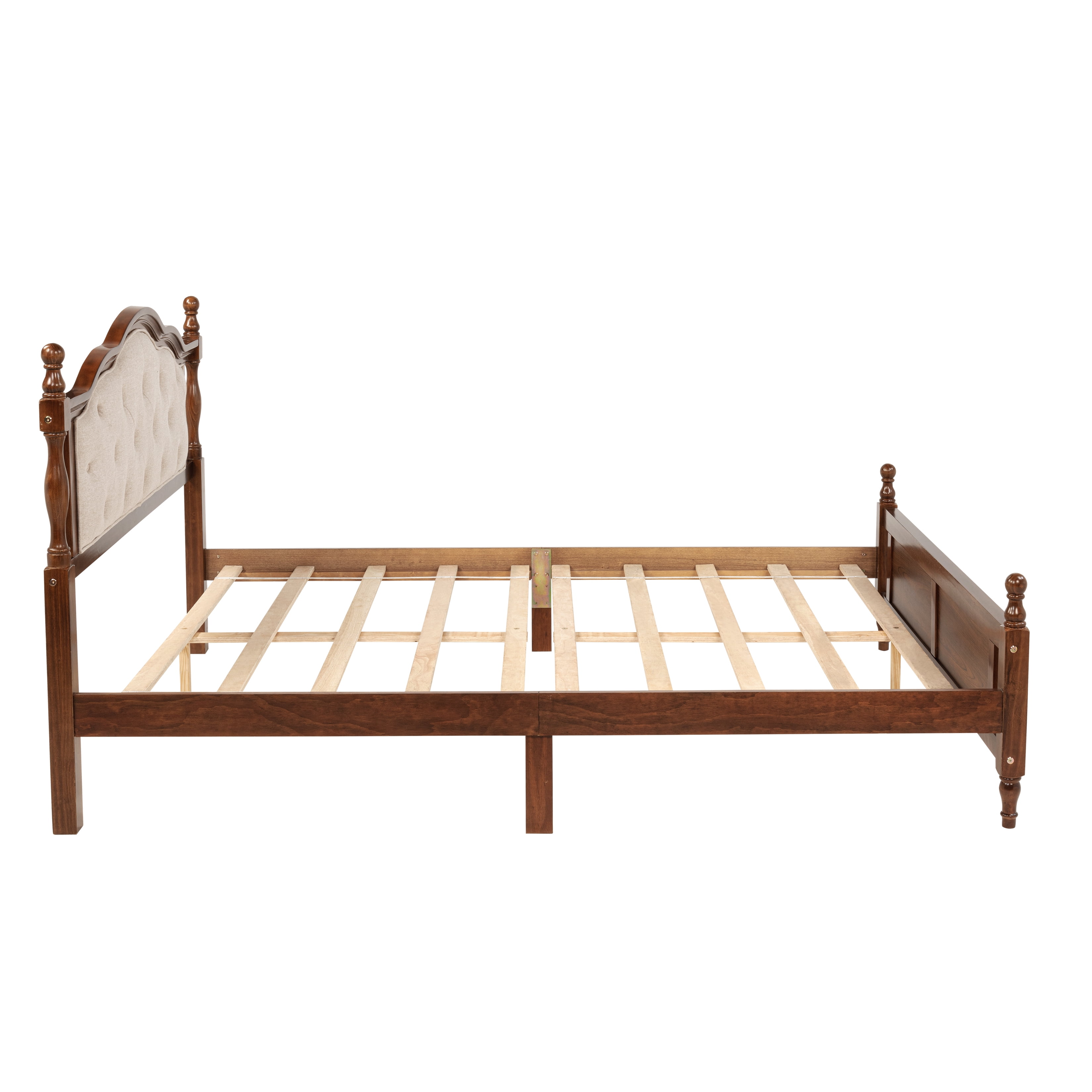 Miniyam Wood Queen Size Bed with Tufted Upholstered Headboard for Adult, Walnut