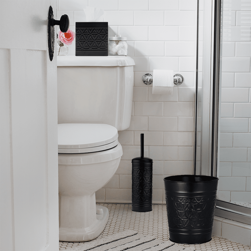 Autumn Alley Black Metal Trash Can & Toilet Brush Set, Matte Black Bathroom Accessories Set