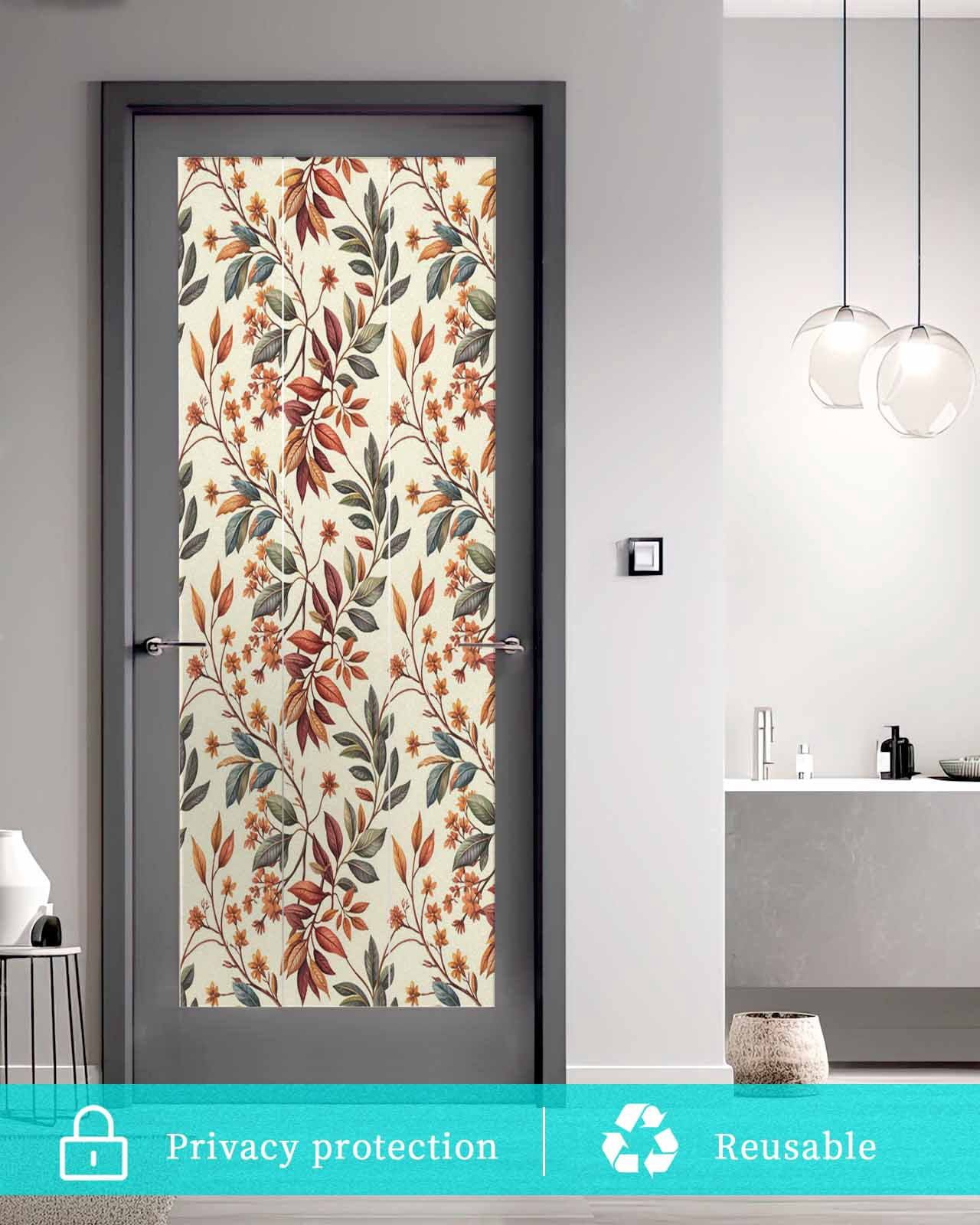 Window Privacy Film Fall Leaves Stained Glass Window Film Decorative Sun Block Window Cover Farmhouse Beige Botanical Branch Window Clings Static Adhesive Sticker for Bathroom 23.6"x59"