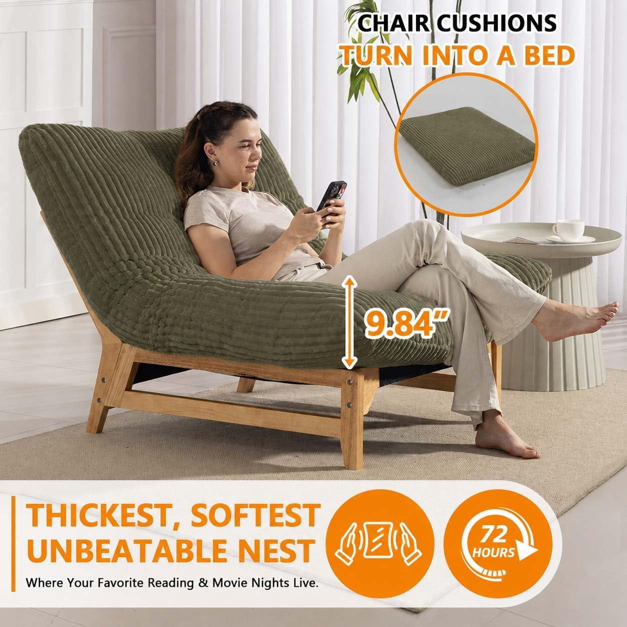 MOONMISS Oversized Cloud Lounge Accent Chair with Wood Frame for Adults,Green