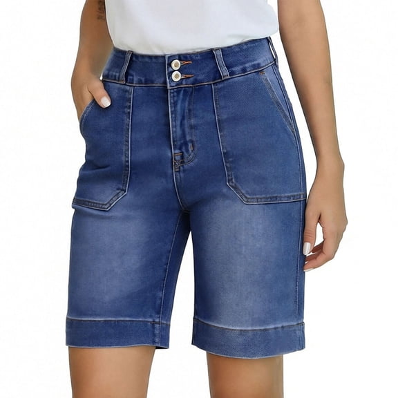 cocolona Womens Summer Casual Jean Shorts Elastic Button Waist Straight Wide Leg Denim Shorts with Pockets
