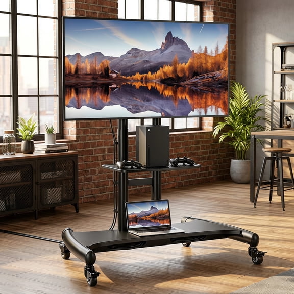 Rolling TV Stand for 32-84 Inch TV, Mobile TV Cart up to 100lbs, Adjustable Height Outdoor TV Cart with Heavy-Duty Base, VESA 600x400mm, Portable TV Stand on Wheels for Livingroom