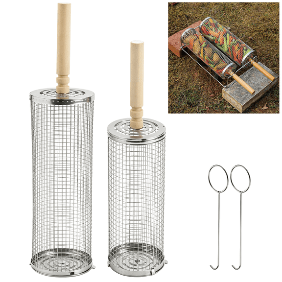 Rolling Bbq Grill Basket, Lock-Tight System, Removable Wooden Handle, 304 Stainless Steel Nestable Grill Basket, Outdoor Bbq Cooking Accessory