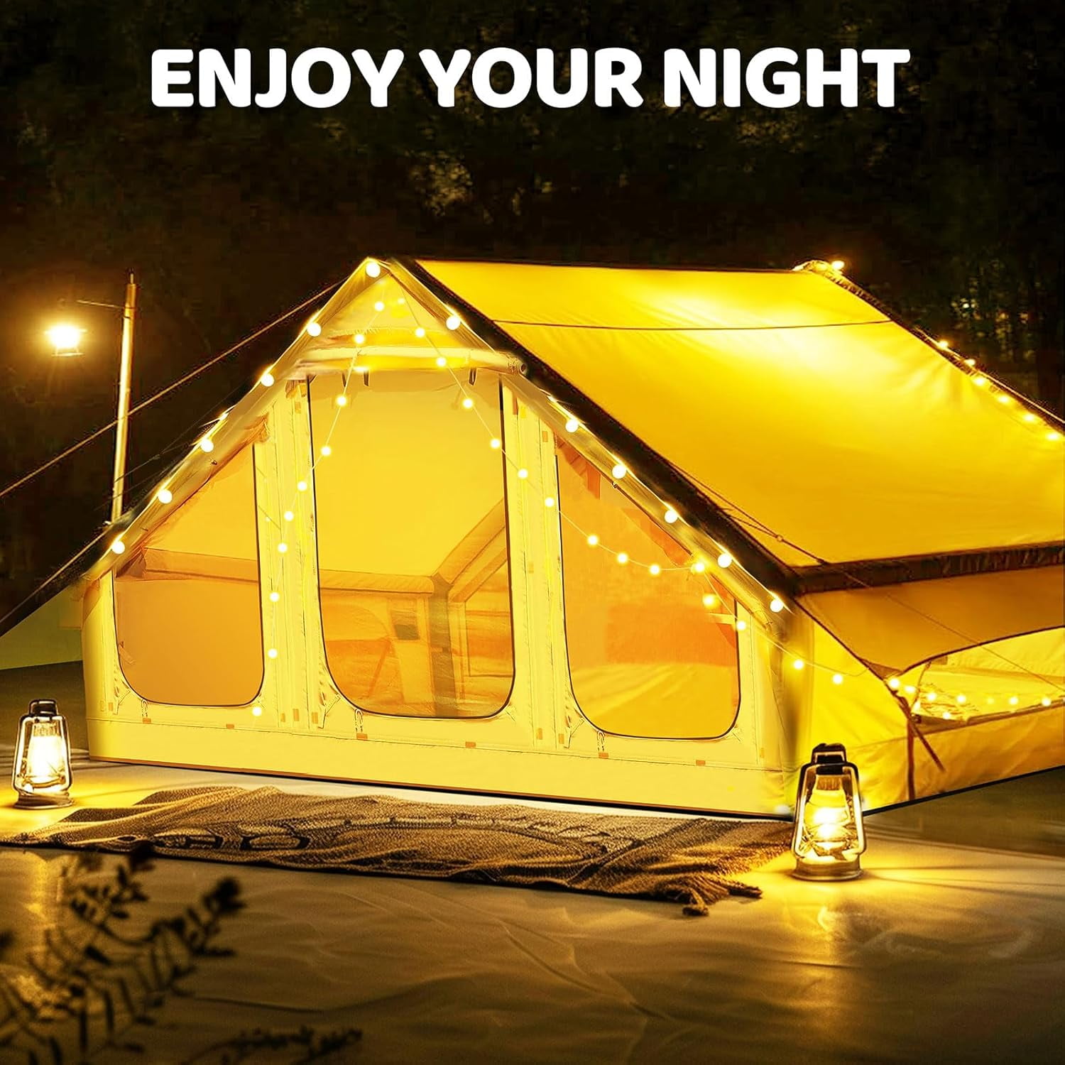 6 Person Inflatable Camping Tent with Pump, 10ft x7ft Glamping Family Tent Easy Setup 4 Season Waterproof Windproof Outdoor Blow Up Tent Luxury Oxford Cabin with Mesh Windows & Doors
