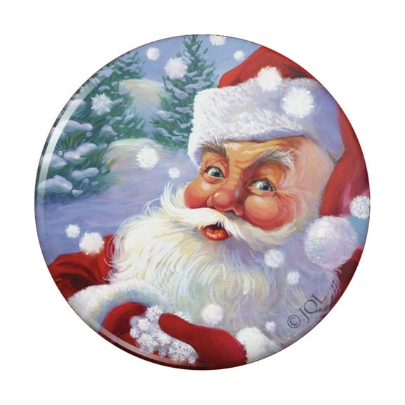 Christmas Holiday Santa Catching Snowflakes Pinback Button Pin