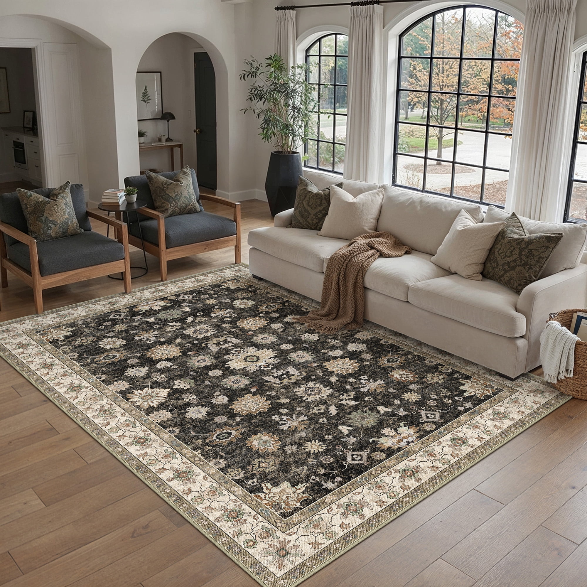 BERTHMEER 6'x9' Vintage Area Rugs for Living Room Black and Gold Rugs for Bedroom Kitchen Non Slip Washable Carpets Office Farmhouse Dorm Dining Room Oriental Traditional Distressed Rugs