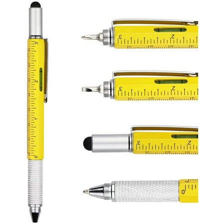 

XGeek Metal Multi tool Pen 6-in-1 Stylus Pen - With Screwdriver Phillips Screwdriver Flathead Bit Slotted Screwdriver Ballpoint Pen Black ink Stylus pen Bubble Level and Ruler 1-Count (Yellow)
