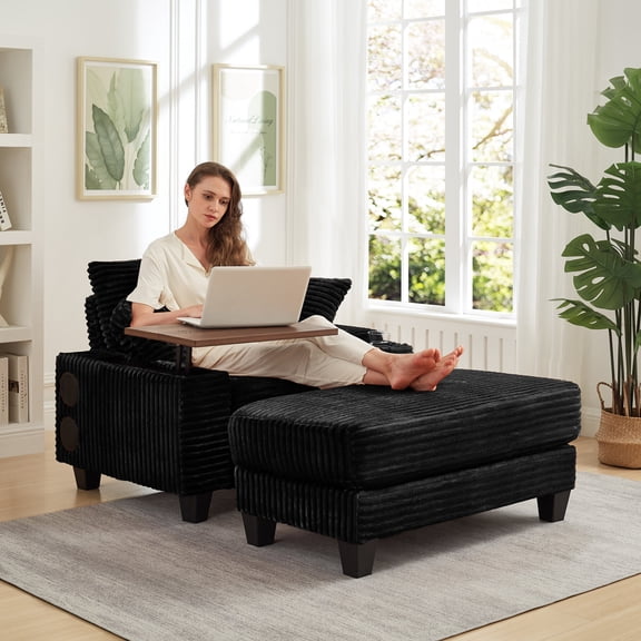 Corduroy Storage Armrest Sofa,Single Versatile Seat with Ottoman,Modern Sofa with Cup Holders and USB Charging Ports,Bluetooth Speaker,180°Rotating Table Board,For Living Room,Bedroom,Black