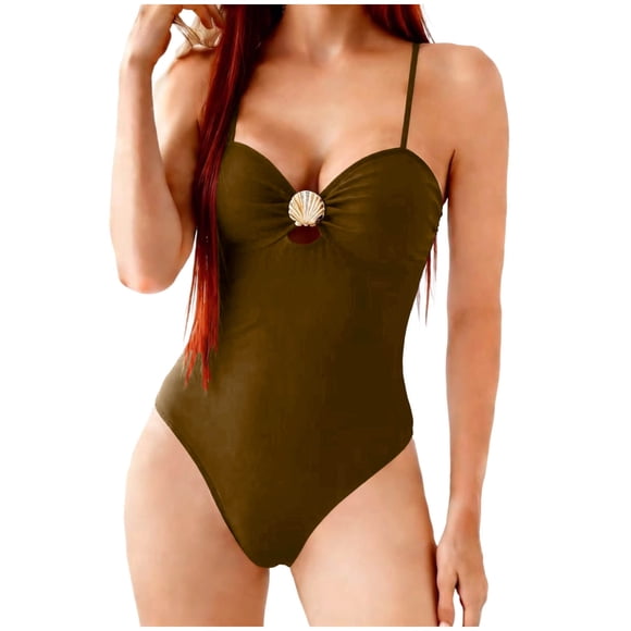 Conjunto de Bikini de Cintura Alta para Mujeres Traje de Baño de Correa sin Espalda de Color Sólido con Sujetadores Acolchados Extraíbles, Estilo de Corte Alto para Vacaciones Y Piscina